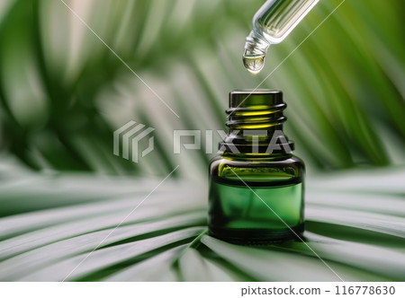 Essential Oil Dropper and Bottle on Green Leaves 116778630