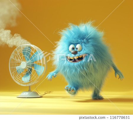 Blue furry monster joyfully running towards a fan in a vibrant setting 116778631