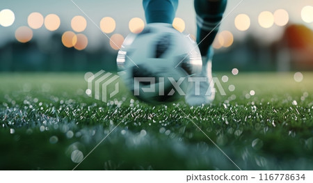 Soccer Player Dribbling Ball at Dusk 116778634