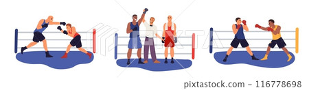 Boxers in ring scenes. Sports fighting. Boxing sparring. Athletes competitions. Professional fighters in uniform. Referee announces winner and loser. Kickboxers match. Garish vector set 116778698