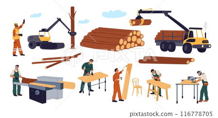 Carpenters and woodworkers. Wood processing. Industrial characters. Professional craftsmen with workshop tools. Logging and furniture manufacturing. Trees deforestation. Garish vector set 116778705