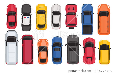 Cars top view. City vehicles. Personal or public transport. Auto park. Moving through streets. Taxi cab. Police automobile. SUV pickup. Trailer van. Road drive traffic elements vector set 116778709