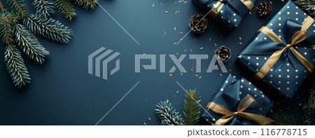 Blue background with navy polka-dot gift boxes and fir branches for Christmas 116778715