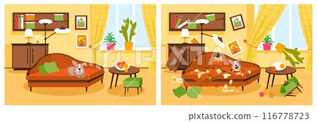 Clean and dirty interior. Room before or after cleaning. Torn sofa. Soiled upholstery. Naughty dog lying around ripped objects. Cozy furniture. Home furnishing. Splendid vector concept 116778723