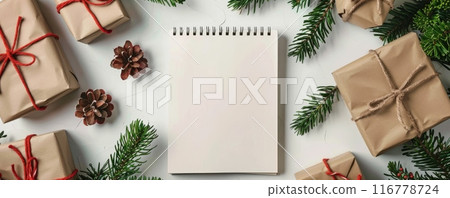 Blank white notebook page surrounded by Christmas gifts and pine branches 116778724