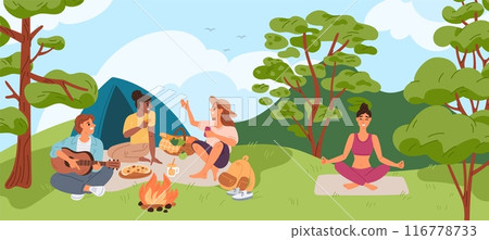 Friends on picnic. Introvert and extravert. People communicate in nature. Girl does yoga alone. Inward and outward mind orientation. Psychological temperament. Garish vector concept Friends on picnic. Introvert and extravert. People communicate in nature. Girl does yoga alone. Inward and outward mind orientation. Psychological temperament. Garish vector concept 116778733