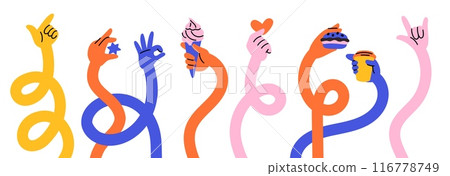 Multicolored stretched hands. Cartoon long human arms hold different items. Groovy hippie style. Various gestures. Pointing forefinger. Weaving and twisting color limbs. Garish vector set Multicolored stretched hands. Cartoon long human arms hold different items. Groovy hippie style. Various gestures. Pointing forefinger. Weaving and twisting color limbs. Garish vector set 116778749