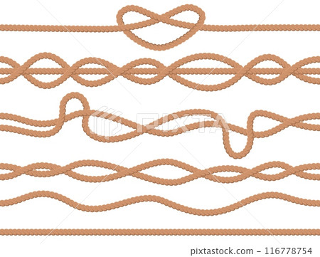Seamless ropes. Sailor twisted cords. Nautical jute twine borders with loops. Sea knots and weaves. Nautical braided cables. Intertwined cordage. Decorative curved thread frames vector set Seamless ropes. Sailor twisted cords. Nautical jute twine borders with loops. Sea knots and weaves. Nautical braided cables. Intertwined cordage. Decorative curved thread frames vector set 116778754