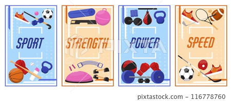 Sport equipment cards. Fitness and gym accessories. Healthy lifestyle. Training elements. Boxing gloves. Baseball and basketball games. Gymnastics workout. Vector athletic posters set Sport equipment cards. Fitness and gym accessories. Healthy lifestyle. Training elements. Boxing gloves. Baseball and basketball games. Gymnastics workout. Vector athletic posters set 116778760