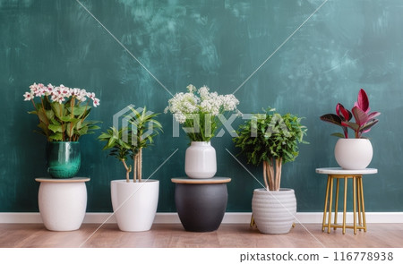 Plants on Wooden Shelves Against Teal Wall 116778938