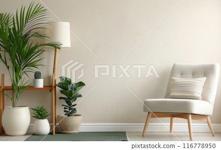 Green Armchair and Plants in Living Room Green Armchair and Plants in Living Room 116778950