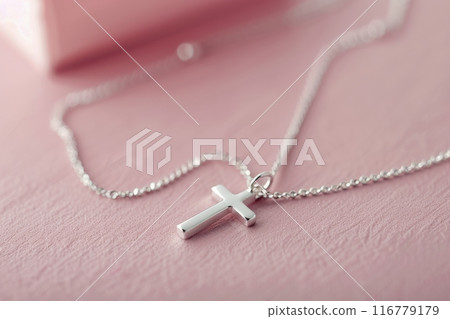 Silver Cross Necklace With White Flowers Silver Cross Necklace With White Flowers 116779179
