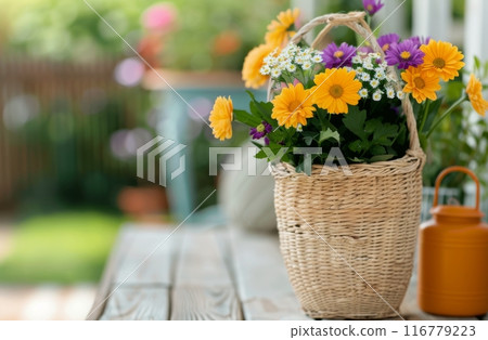 Flowers in Wicker Basket on Wooden Deck 116779223