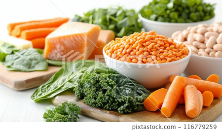 Fresh, Healthy Ingredients on Cutting Board; Perfect for a Nutritious Meal 116779259