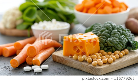 Fresh, Healthy Ingredients on Cutting Board; Perfect for a Nutritious Meal 116779265