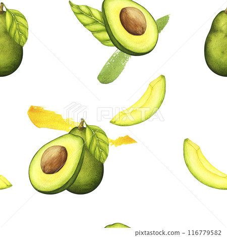 Watercolor Avocado. Watercolor hand drawn botanical illustration. Vegetarian fruit. Half avocado. Slices of green avocado. Seamless pattern 116779582