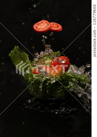 Vegetable salad and water splashes on black background Vegetable salad and water splashes on black background 116779608