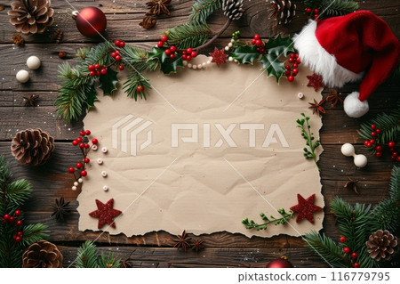 Blank letter with Christmas decorations and pine cones on wooden table 116779795
