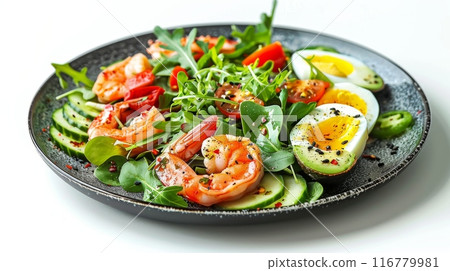 Rich plates of salad from green leaves mix and vegetables with avocado or eggs, generated AI 116779981