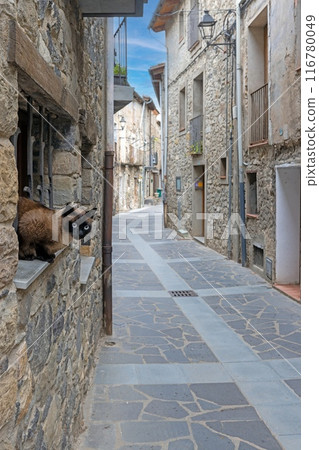 Street scene from the deserted historic Catalan town of Castellfollit de la Roca 116780049