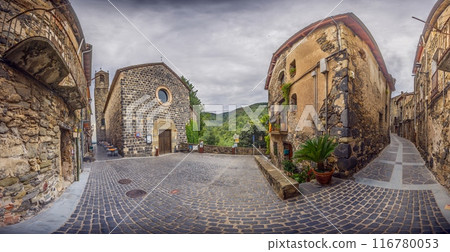 Street scene from the deserted historic Catalan town of Castellfollit de la Roca 116780053