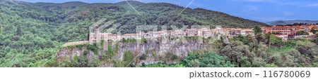 Panoramic drone picture of the historic town of Castellfollit de la Roca in Catalonia in the morning light 116780069