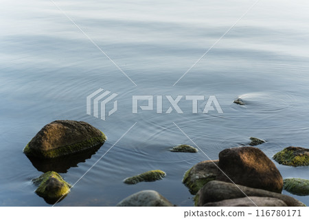 Rocks on the lake shore. The stone wild shore of the lake Rocks on the lake shore. The stone wild shore of the lake 116780171