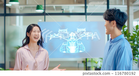 Female designer presenting a flying car design_3 Female designer presenting a flying car design_3 116780192
