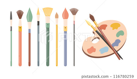 Palette with paints of different colors and a set of brushes. Art supplies, accessories for creativity and hobbies. Poster, illustration Palette with paints of different colors and a set of brushes. Art supplies, accessories for creativity and hobbies. Poster, illustration 116780259