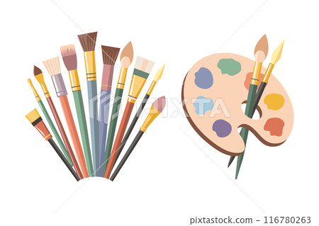 Palette with paints of different colors and a set of brushes. Art supplies, accessories for creativity and hobbies. Poster, illustration 116780263