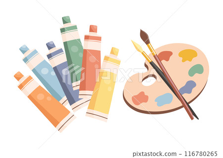 A palette with paints of different colors, brushes and a set of tubes with acrylic paints. Art supplies, accessories for creativity and hobbies. Poster, illustration 116780265