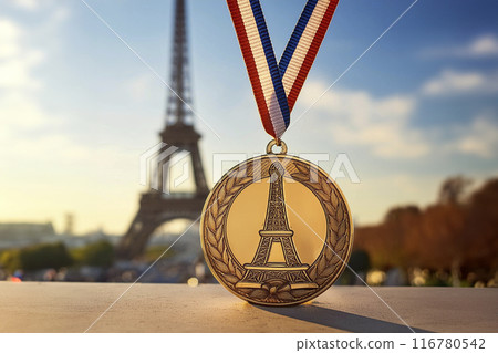 Gold medal with ribbon isolated on transparent white. Eiffel Tower background. 2024 Olympic Games in Paris, France. 116780542