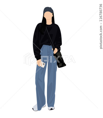 Vector illustration of a girl in a black hoodie, jeans and white sneakers. Completed with a black backpack and a phone. 116780736