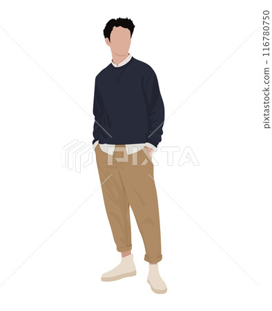 Vector illustration. A man in a dark sweater and light pants, complemented by white sneakers. 116780750