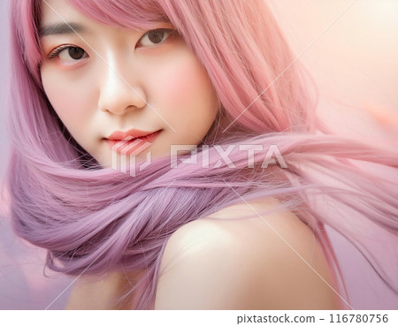 A beautiful young woman with pastel pink hair A beautiful young woman with pastel pink hair 116780756
