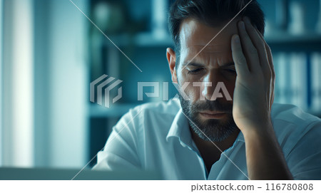 Tired Office Worker at Desk During Late Night Hours 116780808