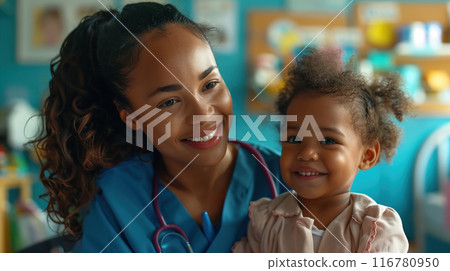 A joyful nurse caring for a child in a colorful pediatric clinic, filled with warmth and compassion 116780950