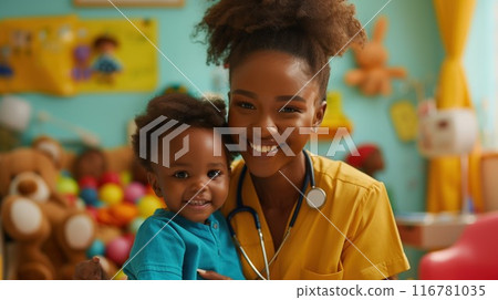 Pediatrician and child interacting in colorful playroom, creating a joyful healthcare environment 116781035