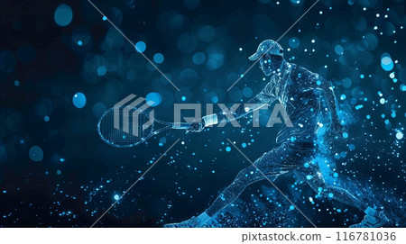 A dynamic holographic silhouette of a tennis player in action, surrounded by glowing blue particles  116781036