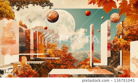 A stylish, futuristic retro collage featuring autumnal elements, abstract geometric shapes 116781045