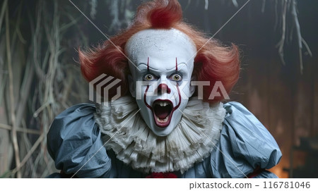 A terrifying clown with a white painted face, red hair 116781046