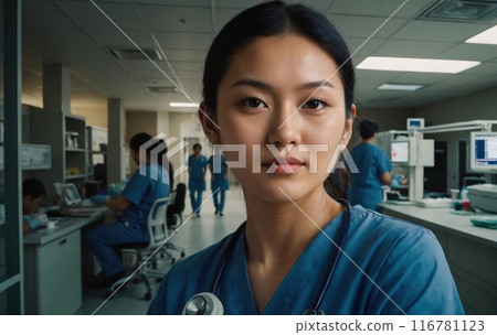 Portrait of a determined Asian female healthcare worker in a modern hospital setting 116781123