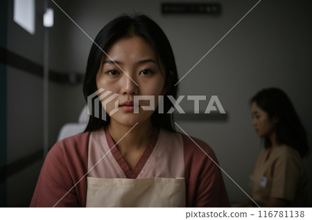 Photograph depicting two women in hospital gowns inside a softly illuminated room 116781138