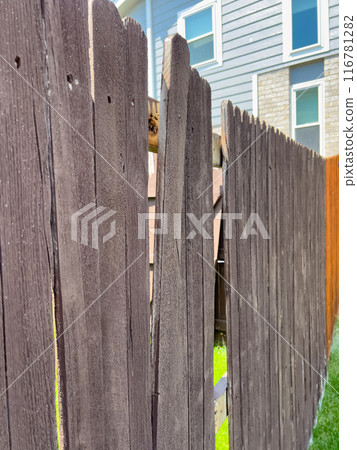 A backyard wooden fence showing a small gap between its panels. The brown fence, weathered with time, is highlighted by the sunlit grass visible through the gap. This image captures the rustic charm 116781282