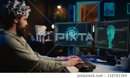 Developer using EEG headset device to upload his brain into computer, attaining immortality. Neuroscientist runs experiment, transfers consciousness into cyberspace, transhumanism concept, camera B 116781364