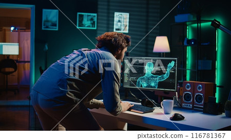 Man jumping out of chair from shock after being greeted by sentient AI gaining superintelligence, bowing down to it. Programmer doing worshiping reverence in front of artificial intelligence, camera B 116781367