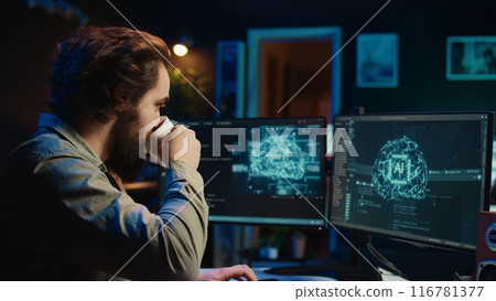 Programmer being asked existential questions by awaken AI gaining consciousness, emulating humans and passing turing test. Man communicating with artificial intelligence, camera B 116781377