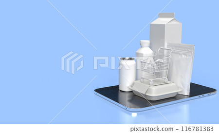 The food product and shopping cart on tablet for online marketing concept 3d rendering. 116781383