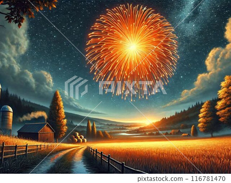 Fireworks and shining stars in the night sky 116781470