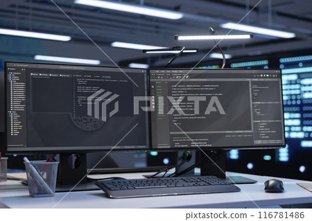 Infrastructure in data center delivering immense computing power, capable of processing and storing vast amounts of data. Close up of computers and server racks rows controlling network resources 116781486